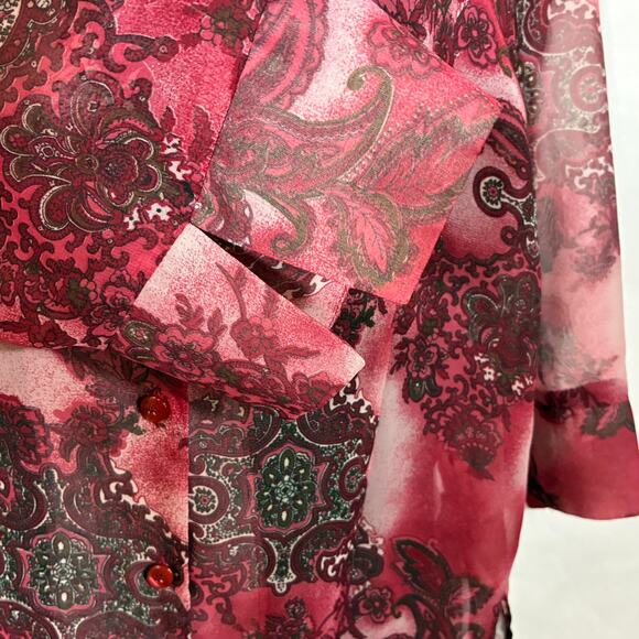 Sheer Top Paisley Red Pink 3/4 Sleeve Button Collar 14 16 W George Retro - Picture 9 of 13